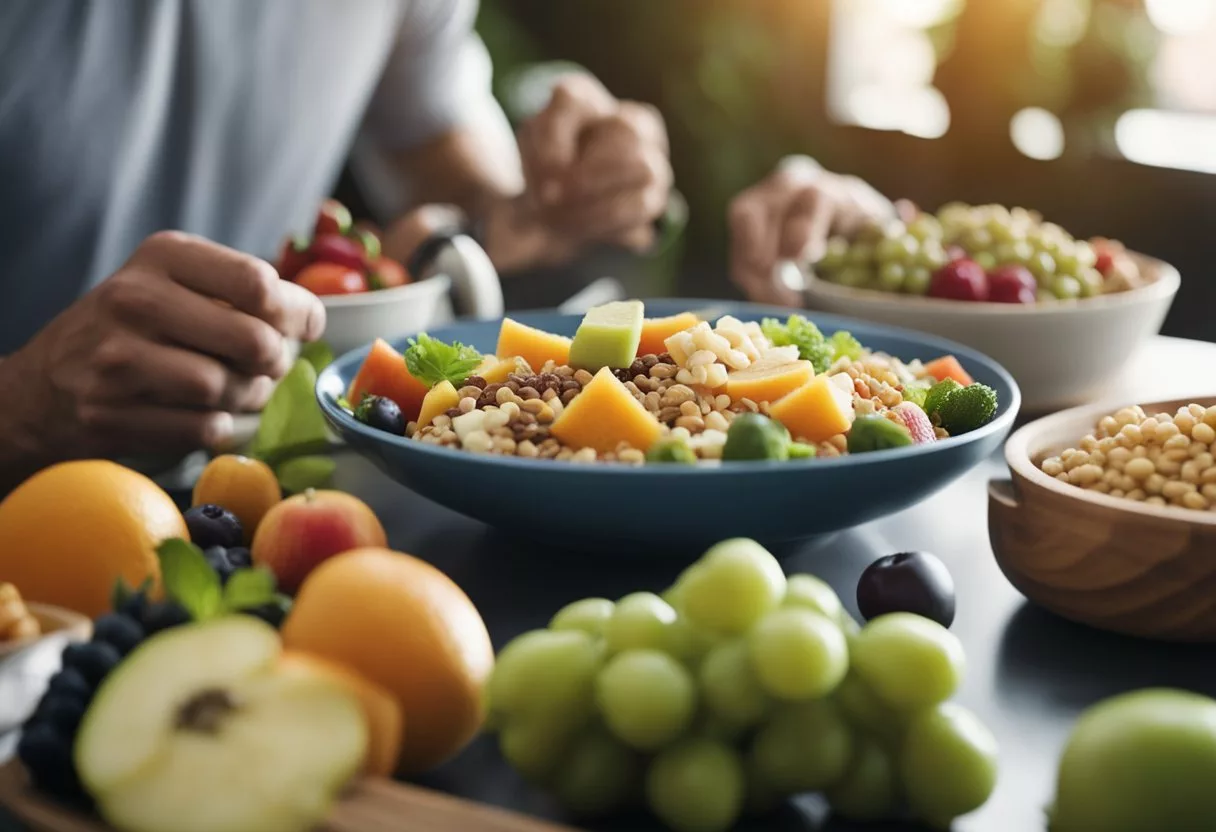 An athlete consumes low glycemic index foods before a workout, with a variety of fruits, vegetables, and whole grains on the table