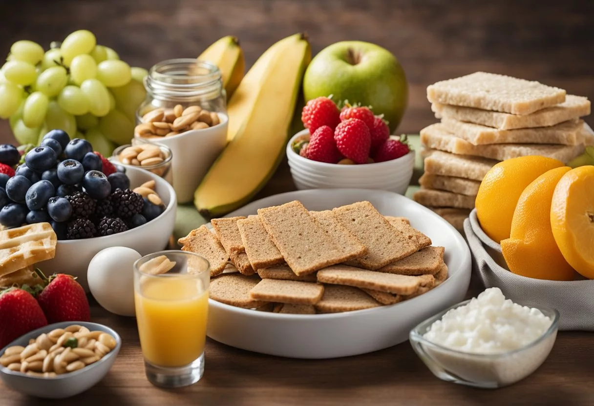 A spread of various high and low glycemic index foods, surrounded by sports equipment and water bottles, with a focus on energy bars and fruits