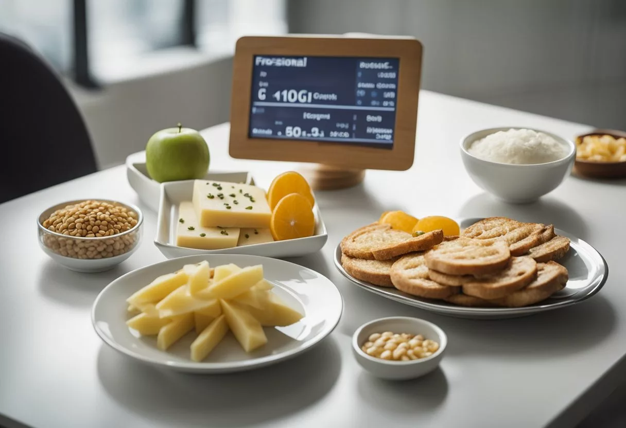 A table with various foods categorized by their glycemic index values, alongside a graph showing hormonal balance fluctuations