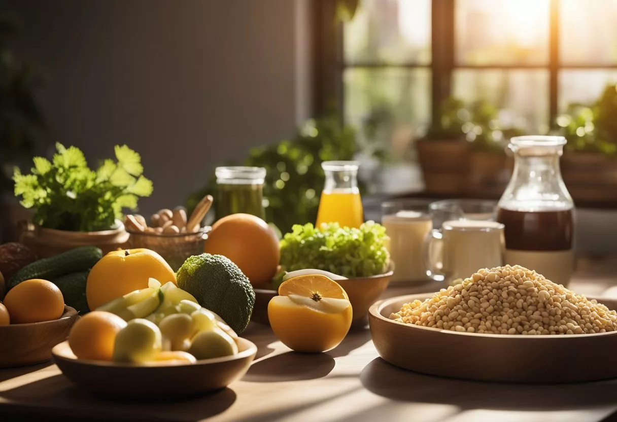 A table with various foods, a scale, and a hormonal balance diagram. Sunlight streams through a window, casting shadows