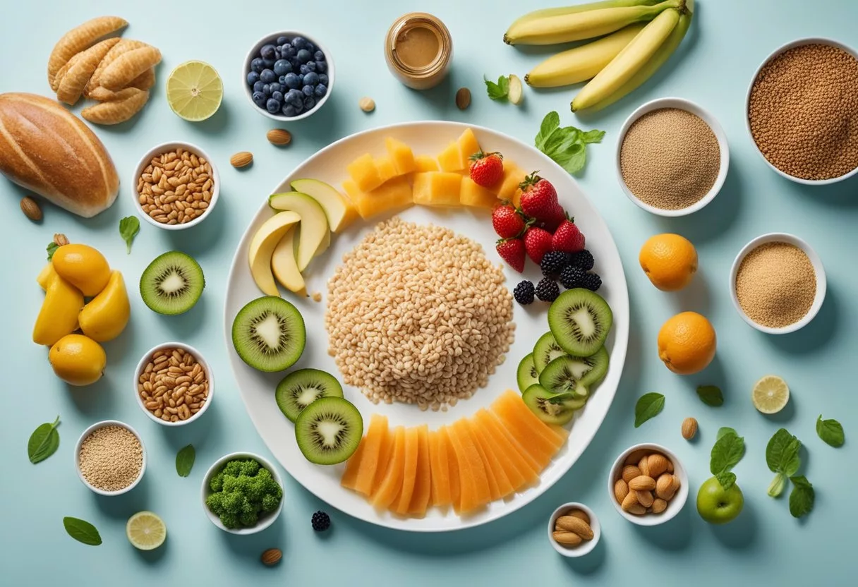 A plate with a variety of foods, including fruits, vegetables, and grains, arranged in order of their glycemic index values