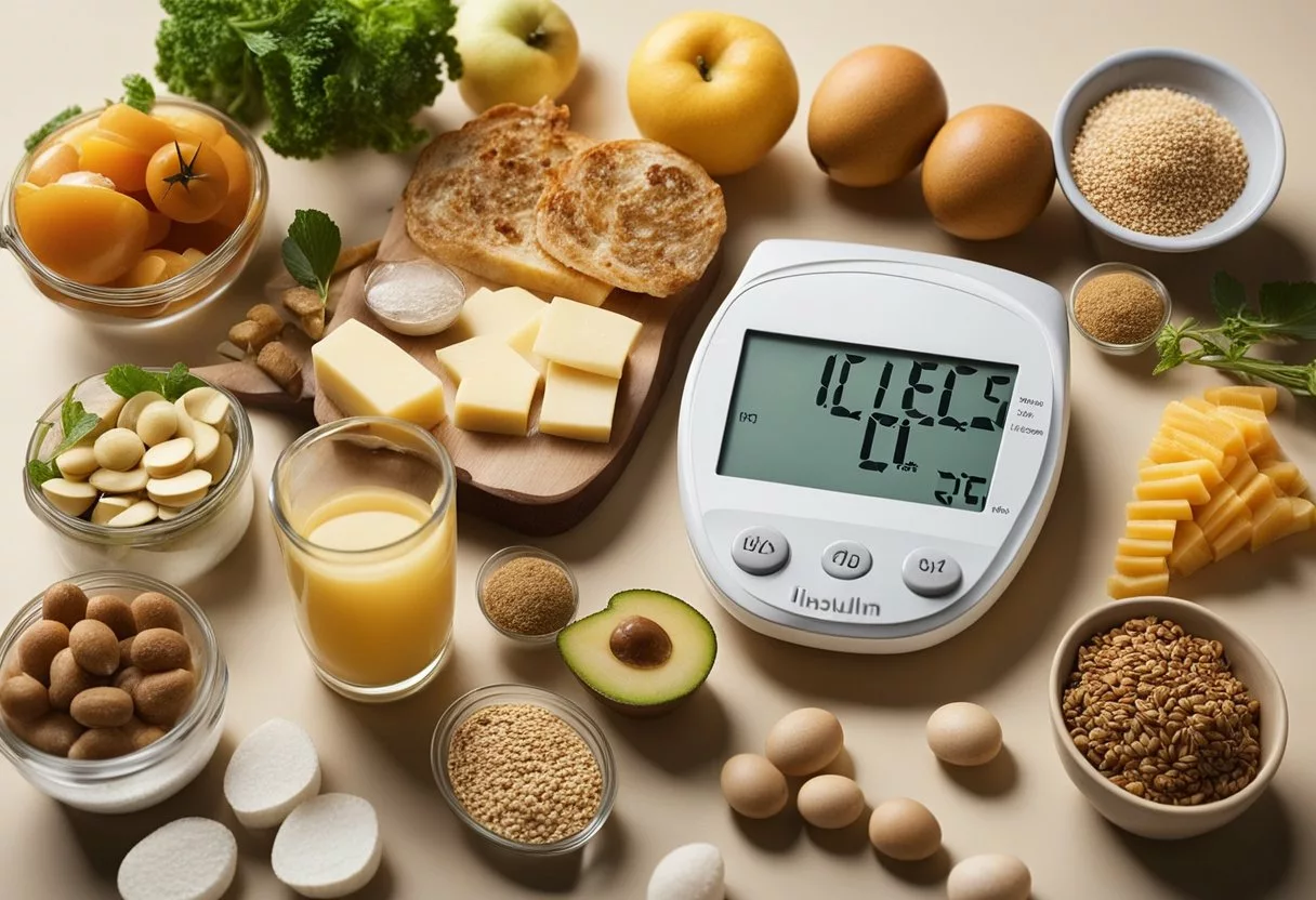 A table with various foods categorized by their glycemic index values. A hormonal balance diagram showing the relationship between insulin and blood sugar levels