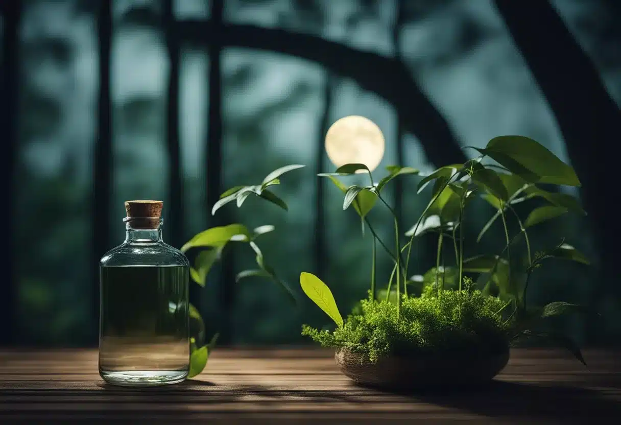 A serene night scene with a moonlit forest, featuring Griffonia Simplicifolia plant and a bottle of supplement, evoking deep sleep