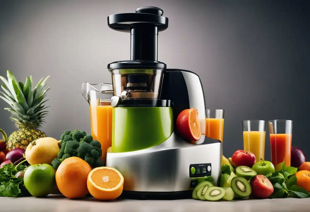 A variety of fruits and vegetables are being juiced in a modern, sleek juicer, with vibrant colors and textures bursting out