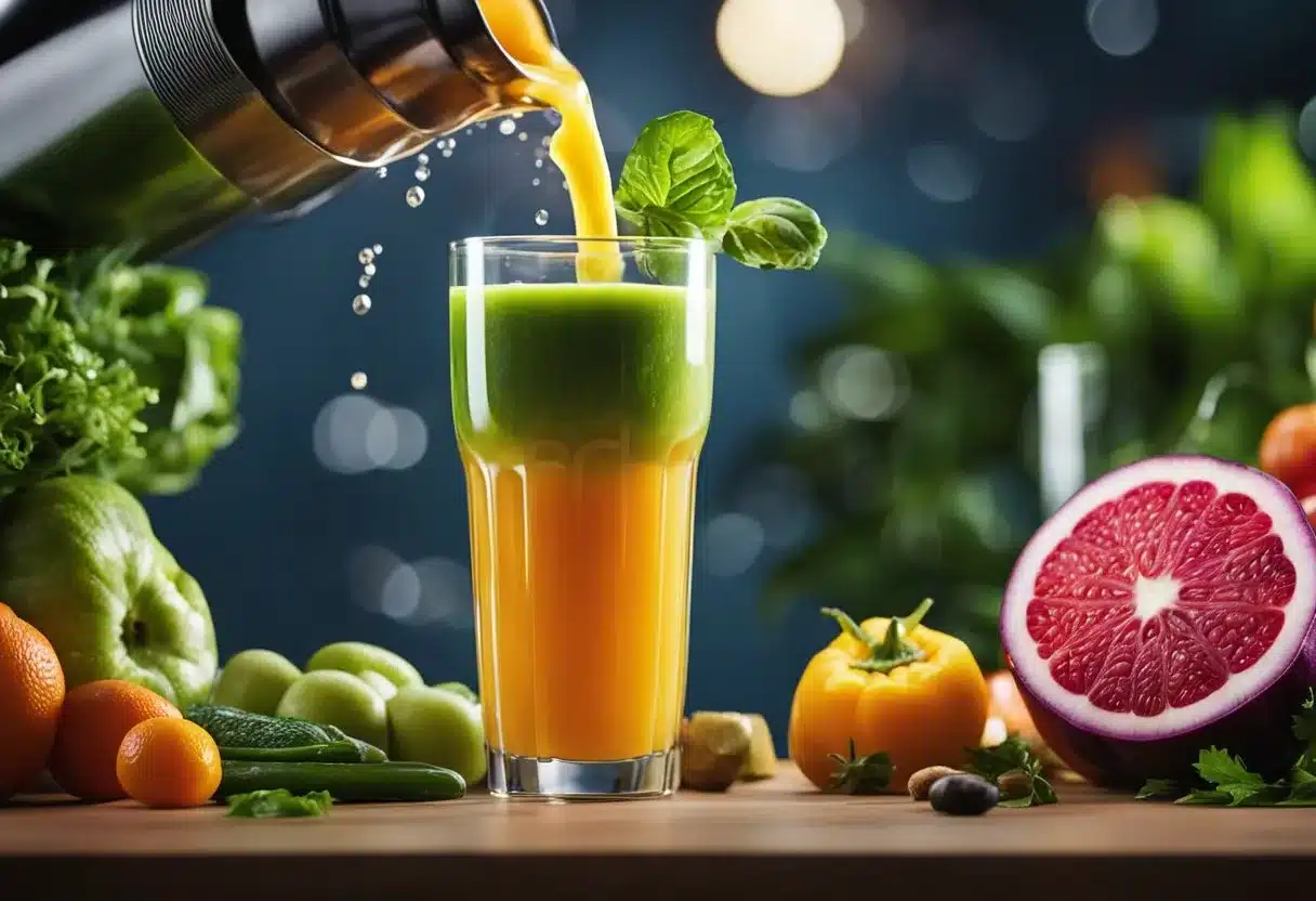 A colorful array of fresh fruits and vegetables being juiced, with vibrant liquid pouring into a glass, surrounded by a halo of radiant energy