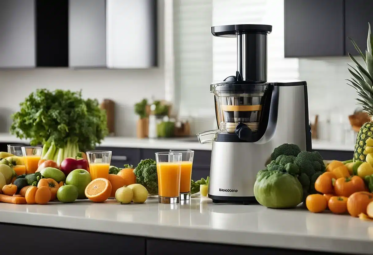 Fruits and vegetables being juiced in a kitchen, with a variety of colorful produce and a juicer on the countertop