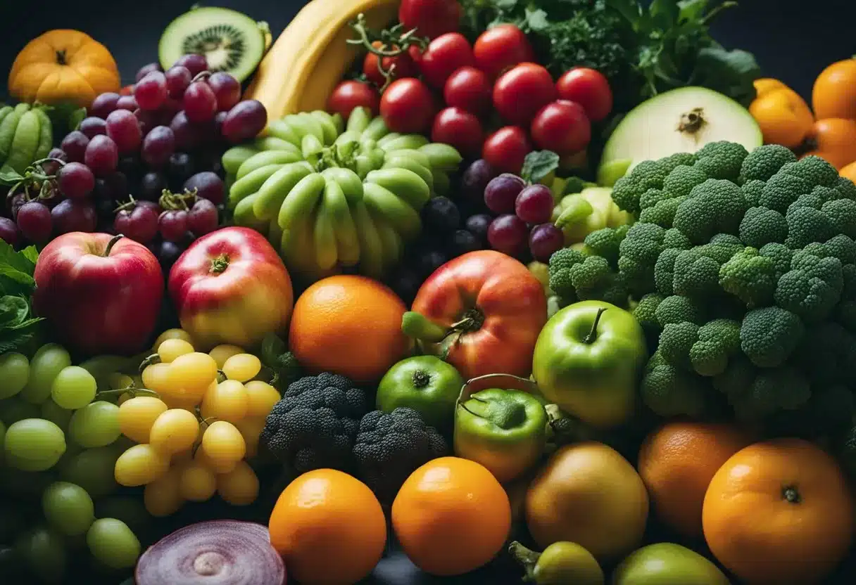 A variety of fruits and vegetables are being juiced, with vibrant colors and fresh produce scattered around the kitchen counter