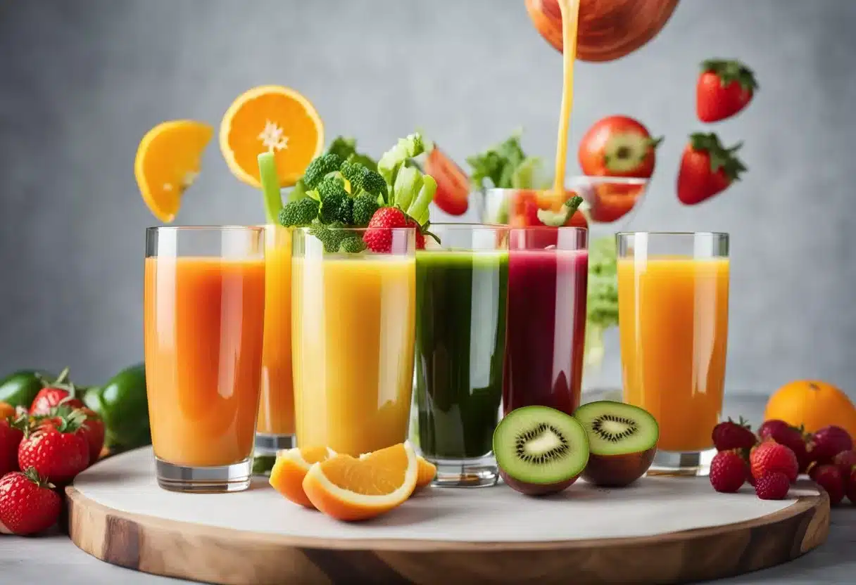 A variety of fresh fruits and vegetables are being juiced, with colorful liquid pouring into a glass. The vibrant produce and the juicing process convey the concept of starting a juicing regimen and its effects on the body