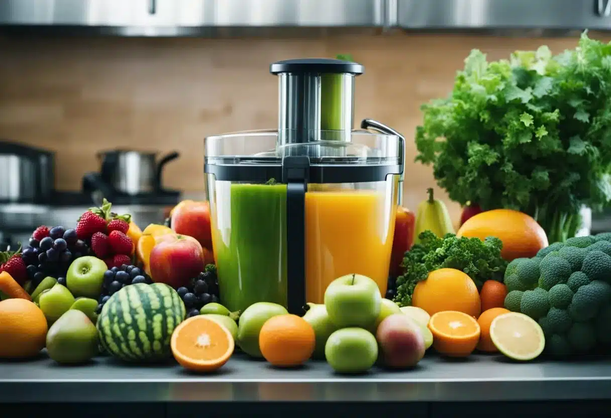 A variety of fruits and vegetables are being juiced, with vibrant colors and fresh produce being processed in a juicer