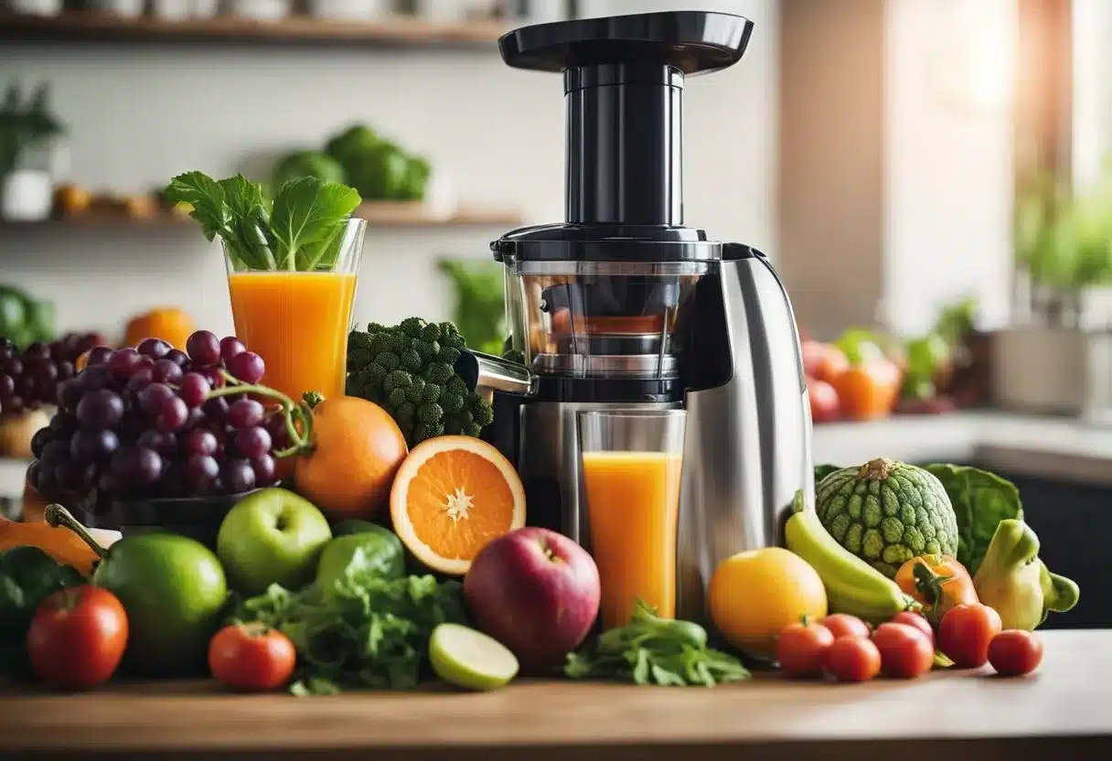 A variety of fruits and vegetables are being juiced into a vibrant, nutrient-rich liquid. The juicer is surrounded by fresh produce and the air is filled with the scent of freshly squeezed juice