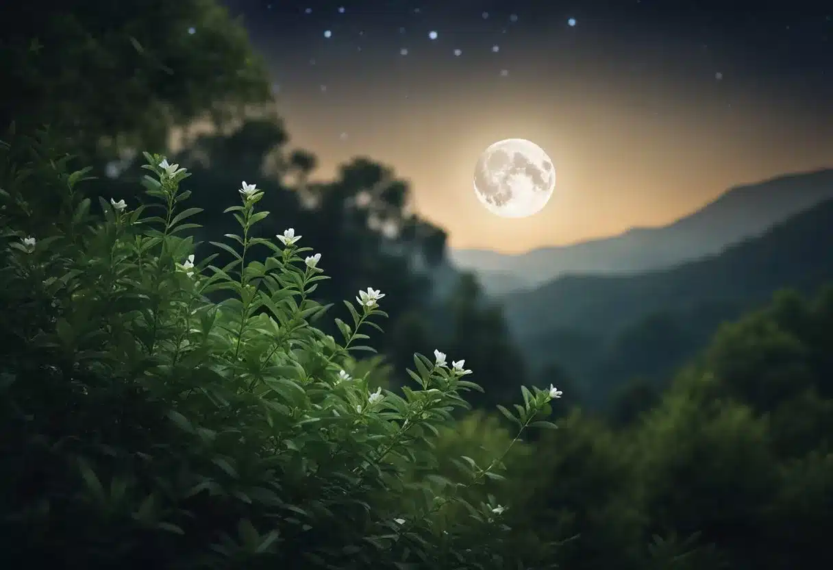 A serene night scene with a moonlit sky and a peaceful forest setting, with a prominent Griffonia Simplicifolia plant in the foreground