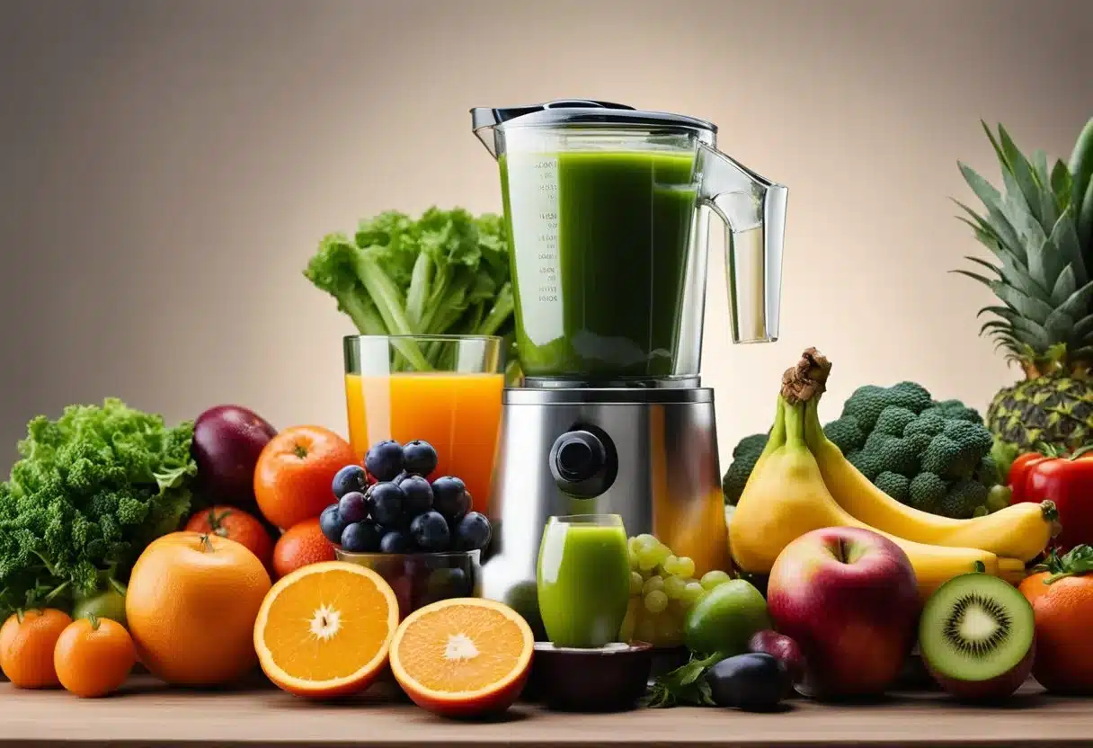 A variety of fruits and vegetables are being juiced, with vibrant colors and fresh produce scattered around. A glass of freshly squeezed juice sits on a table next to a bowl of whole fruits and vegetables