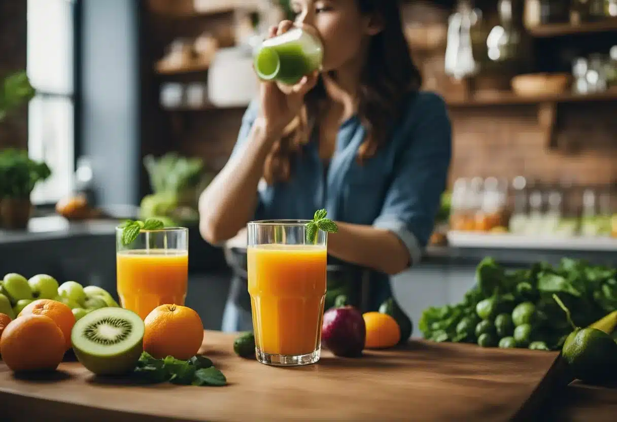 A variety of fresh fruits and vegetables are being juiced, with vibrant colors and textures. A person is seen drinking a glass of juice, looking rejuvenated and energized