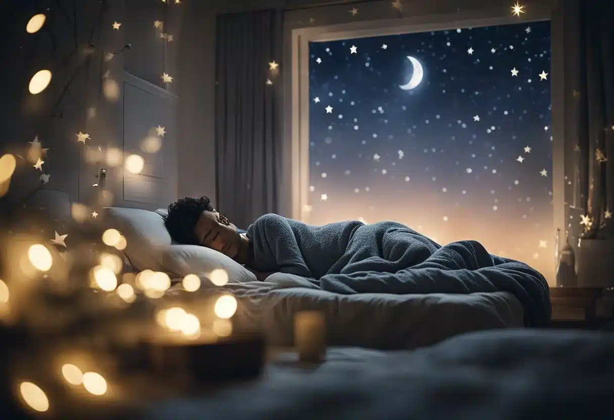 A peaceful night scene with a sleeping figure surrounded by calming elements like stars, moonlight, and a cozy bed