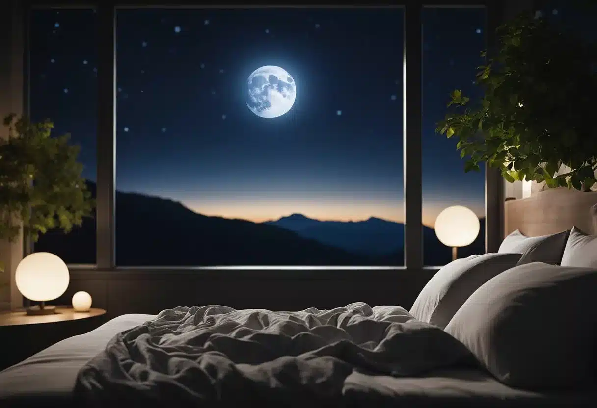 The moon rises over a peaceful landscape. A serene figure lies in bed, surrounded by the quiet stillness of the night. The body undergoes restorative processes, as energy is replenished and muscles relax