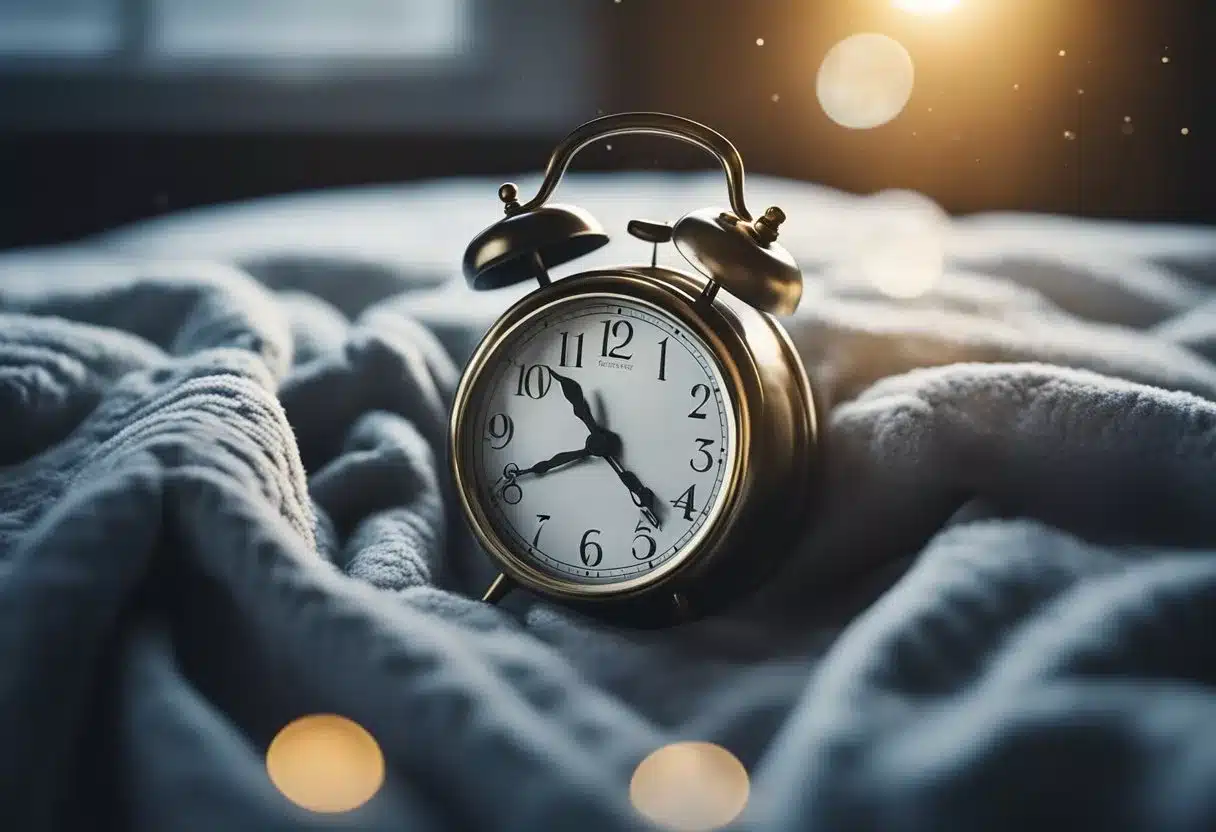 A clock with hands pointing to different hours, a bed with a wrinkled blanket, and a moon shining through a window