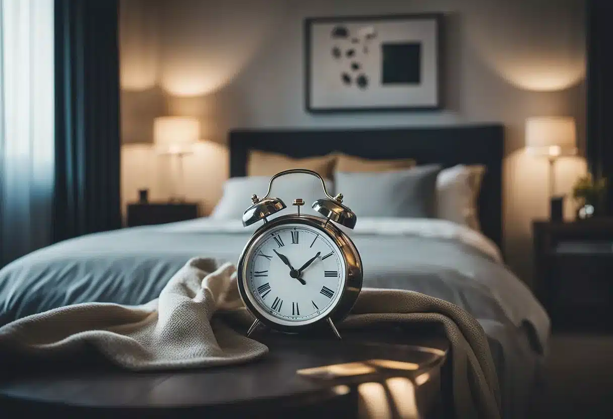 A peaceful, serene bedroom with a cozy bed, soft pillows, and a warm blanket. A clock on the nightstand shows the time as the room is enveloped in darkness, with a sliver of moonlight peeking through the window