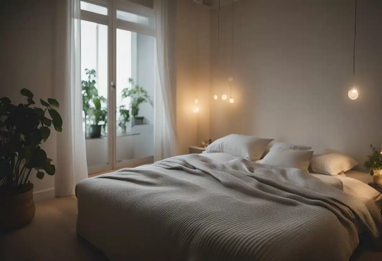 A peaceful bedroom with a sleeping figure, surrounded by a calm atmosphere. Soft moonlight filters through the window, casting gentle shadows across the room