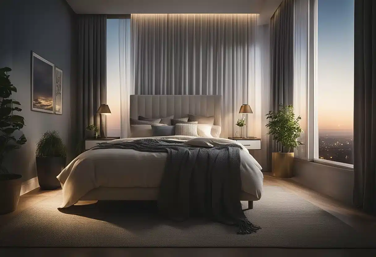 A peaceful bedroom with a bed, nightstand, and window. Moonlight filters through the curtains, casting a soft glow on the room