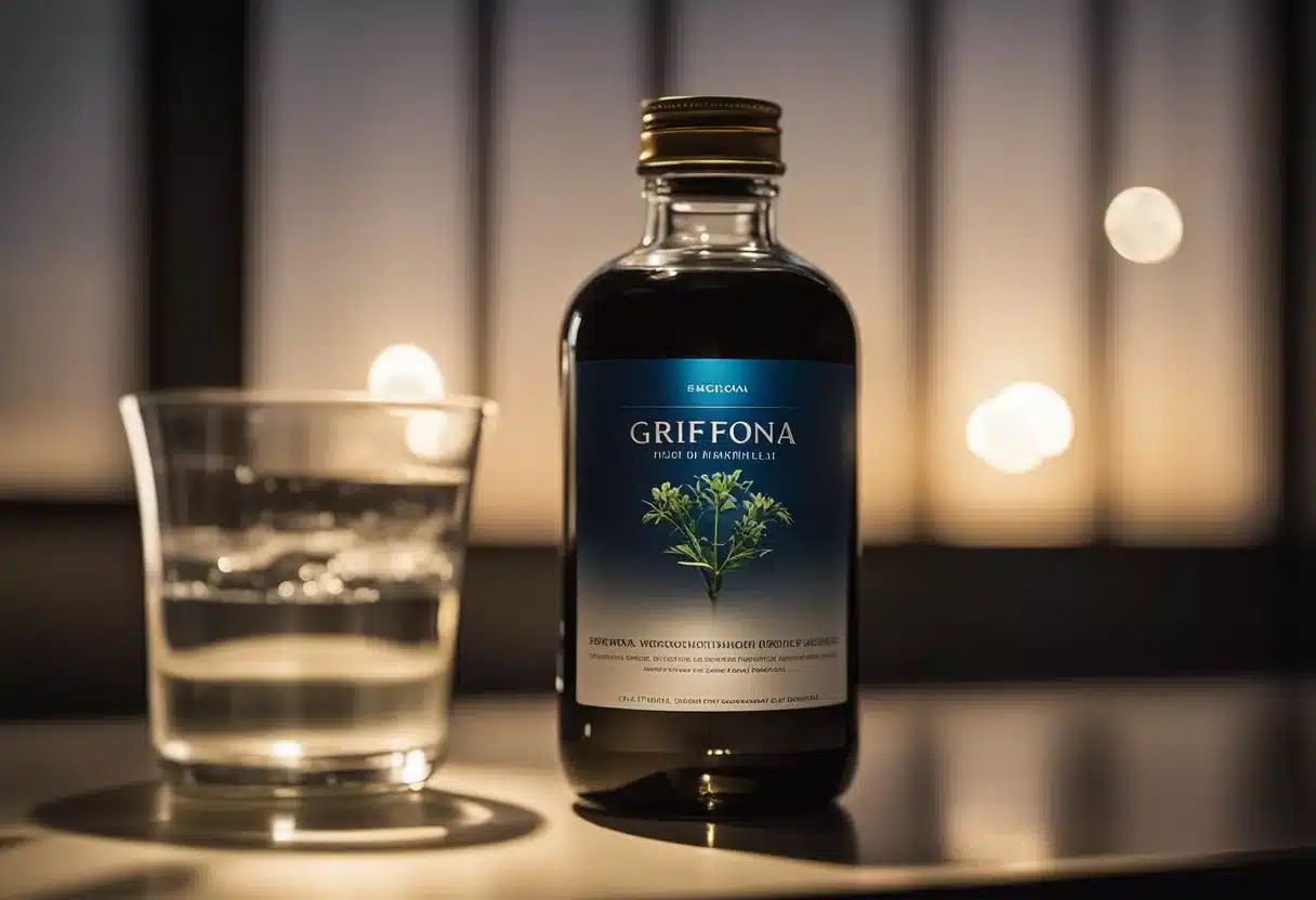 A bottle of Griffonia Simplicifolia supplement sits on a bedside table, with a glass of water next to it. The moonlight streams through the window, casting a soft glow on the scene