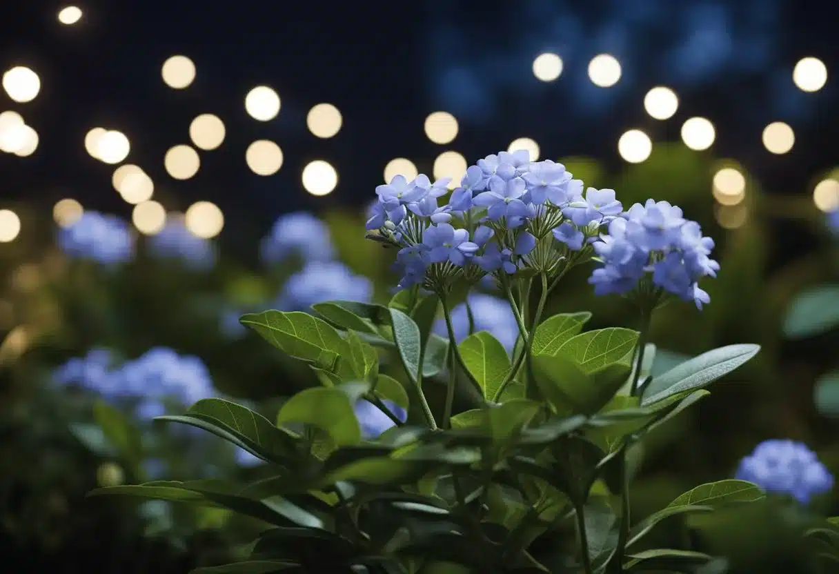 A serene night scene with a moonlit sky and a peaceful garden, featuring the Griffonia Simplicifolia plant and various natural sleep-inducing foods