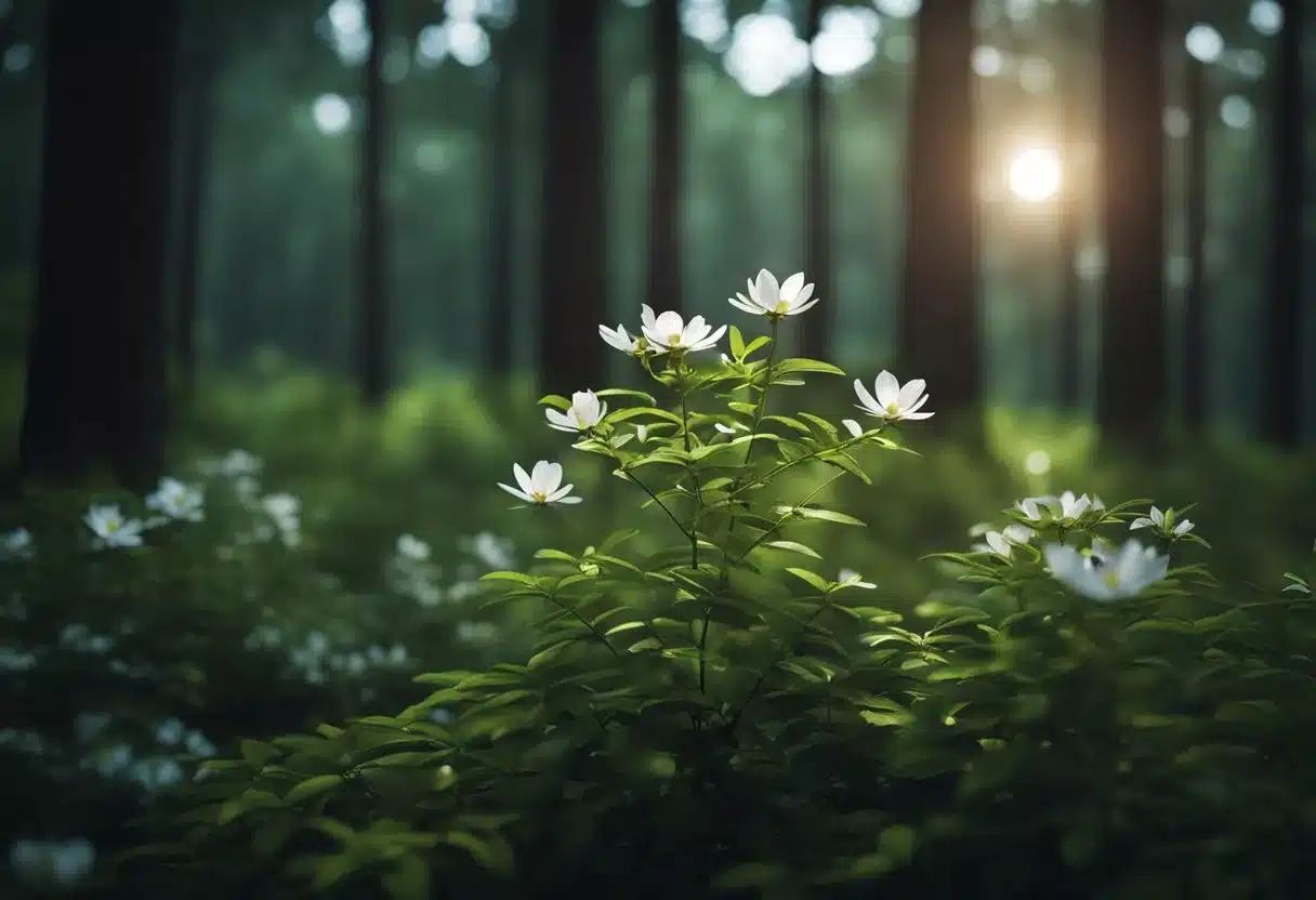 A serene forest clearing with moonlight shining through the trees, highlighting a blooming Griffonia Simplicifolia plant