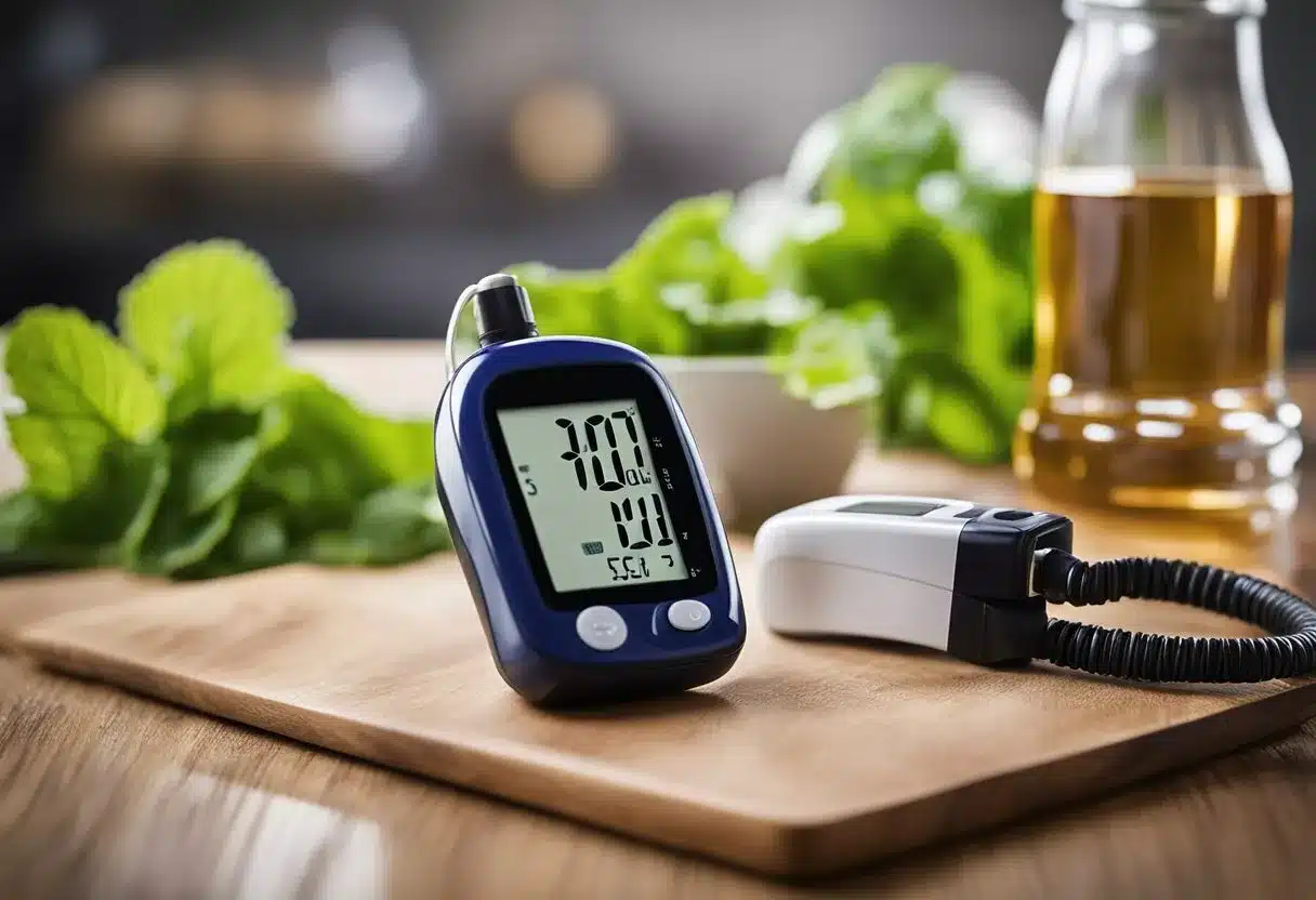 A bottle of coleus supplement sits next to a blood glucose monitor and healthy food choices, symbolizing its role in diabetes management