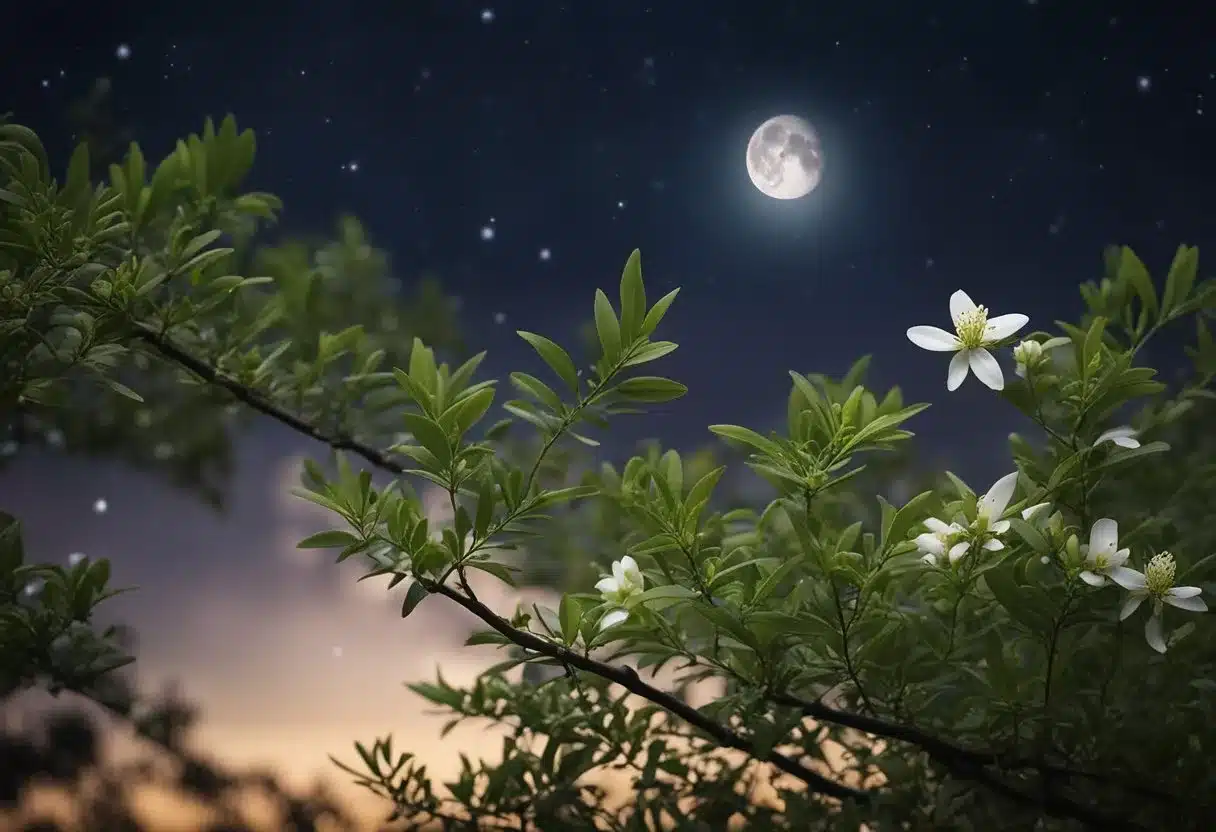 A serene night scene with a moonlit sky, a peaceful forest, and a blooming Griffonia Simplicifolia plant, symbolizing 5-HTP and serotonin production for deep sleep