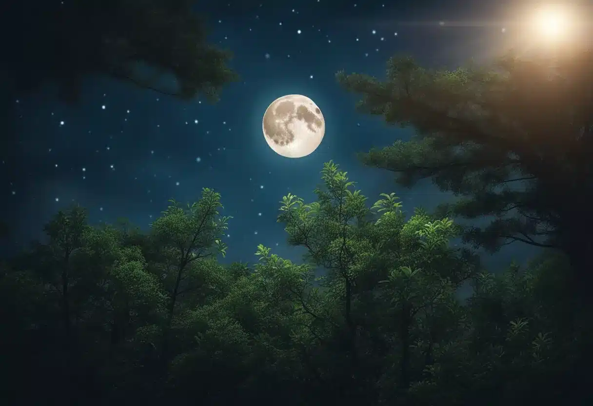 A serene night sky with a full moon shining down on a peaceful forest, where the Griffonia Simplicifolia plant grows abundantly