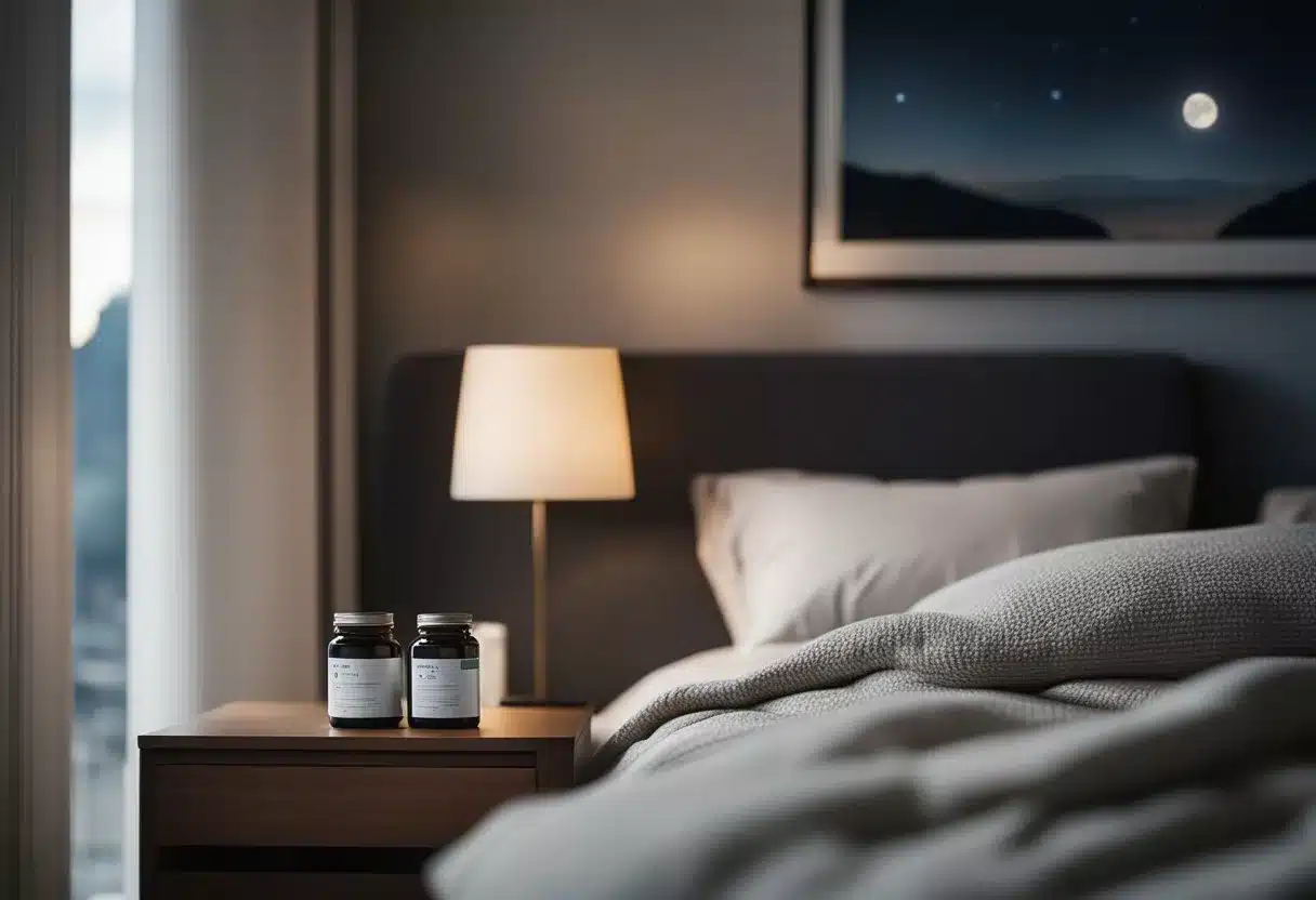 A peaceful bedroom with a bottle of zinc supplement on a nightstand, moonlight streaming through the window, and a cozy bed with soft pillows and blankets