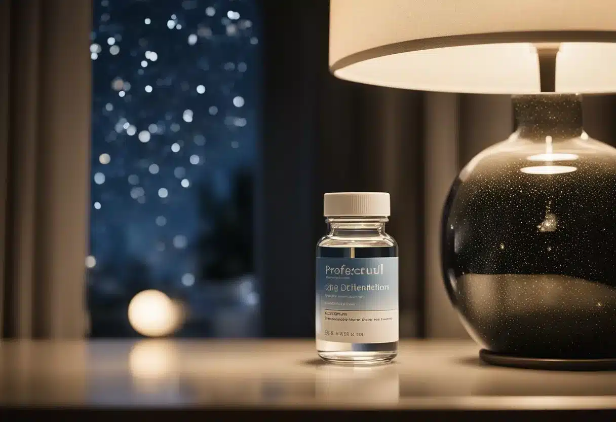 A bottle of zinc supplement sits on a nightstand next to a glass of water. A peaceful, starry night scene is visible through the window, suggesting a deep and restful sleep