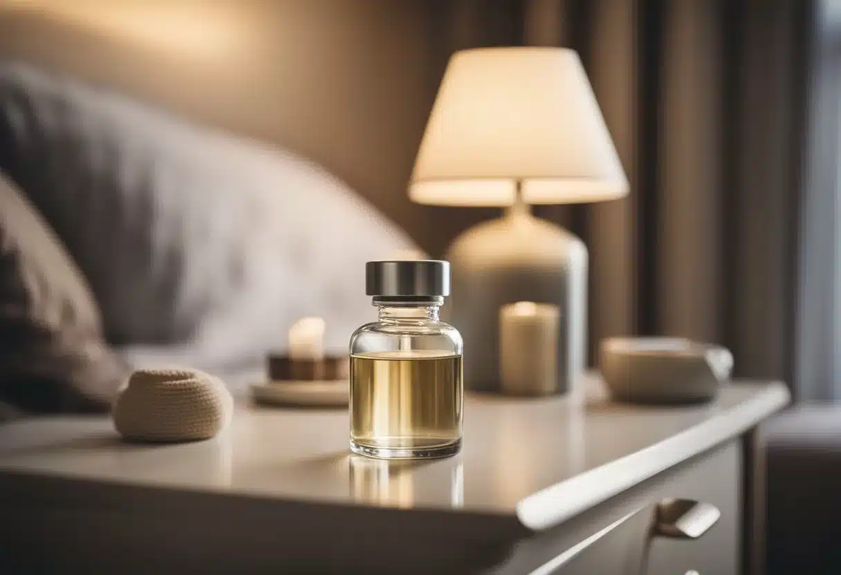 A serene bedroom with a zinc supplement bottle on a nightstand, surrounded by calming elements like a cozy bed, soft lighting, and a tranquil atmosphere