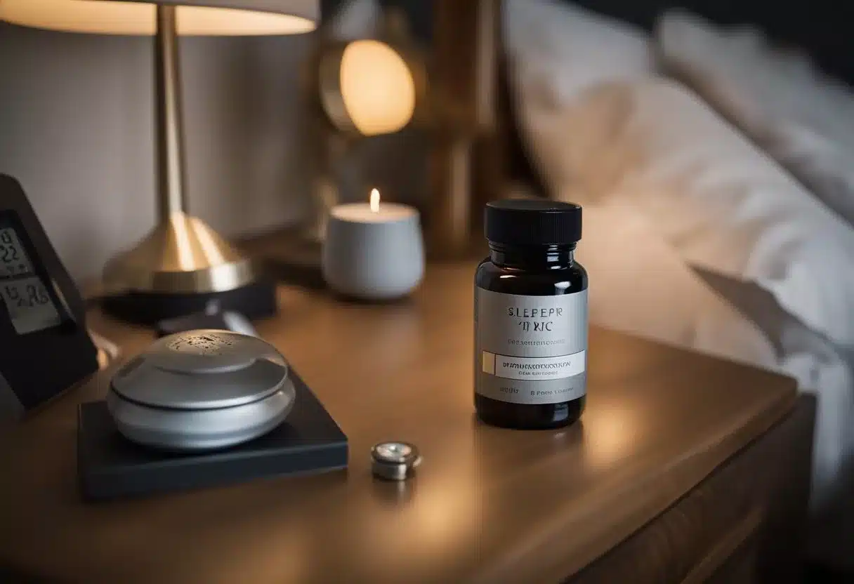 A bottle of zinc supplement sits on a nightstand, surrounded by a warm, cozy bedroom. A clock reads midnight, and a peaceful sleeper rests in bed