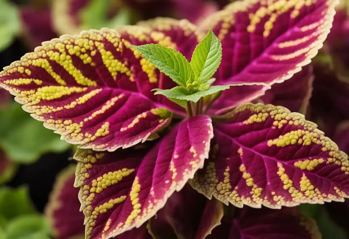 A vibrant coleus plant with distinct, colorful leaves stands tall, showcasing its key compound forskolin. A bottle of coleus supplement for diabetes sits nearby