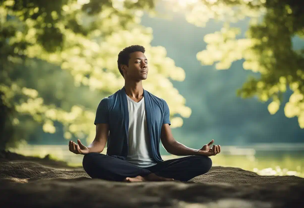 A serene figure meditates in a peaceful natural setting, surrounded by soothing sounds and calming elements, symbolizing tinnitus treatment options