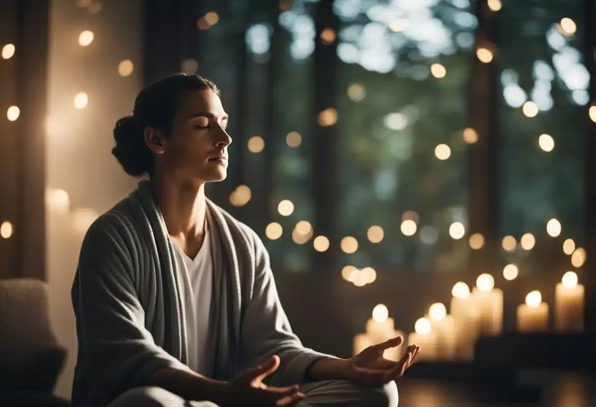 A calm, serene setting with a person meditating or practicing deep breathing to manage their tinnitus symptoms. Surrounding them are soothing elements such as soft lighting, gentle music, and comforting aromas