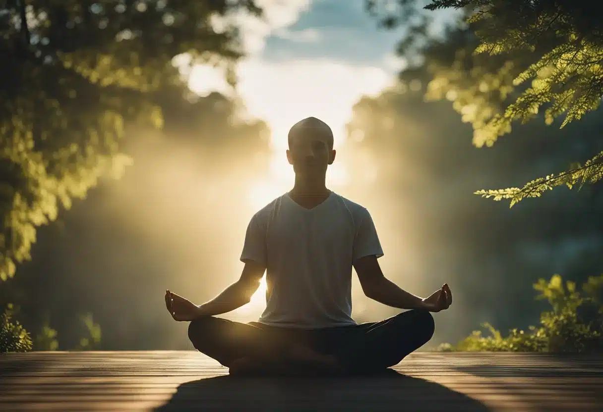 A serene setting with calming elements like soft lighting, soothing music, and a person engaged in relaxation techniques like meditation or yoga