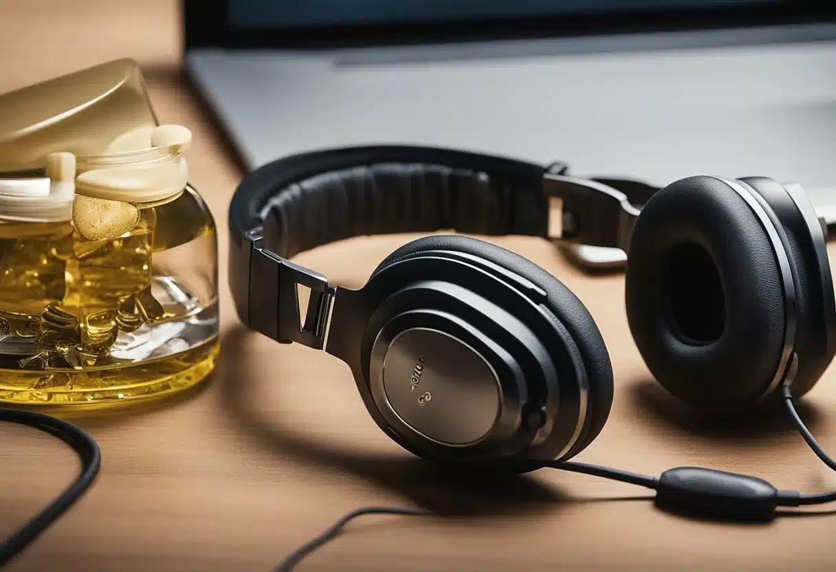 A bottle of chromium picolinate sits next to a pair of ear-shaped headphones, symbolizing the connection between hearing health and the supplement