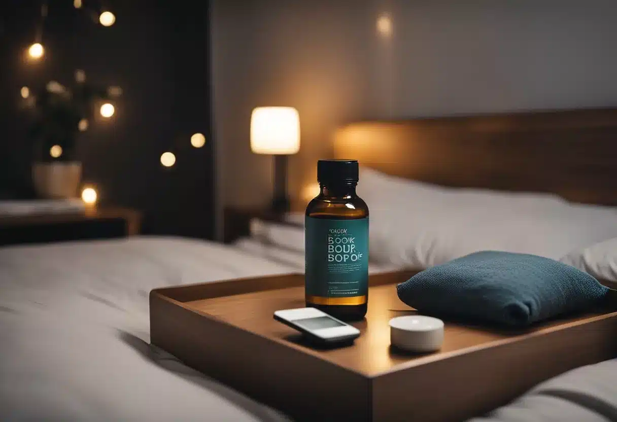 A cozy bedroom with a comfortable bed, soft pillows, and warm blankets. A dimly lit bedside table with a book about sleep and a bottle of supplements