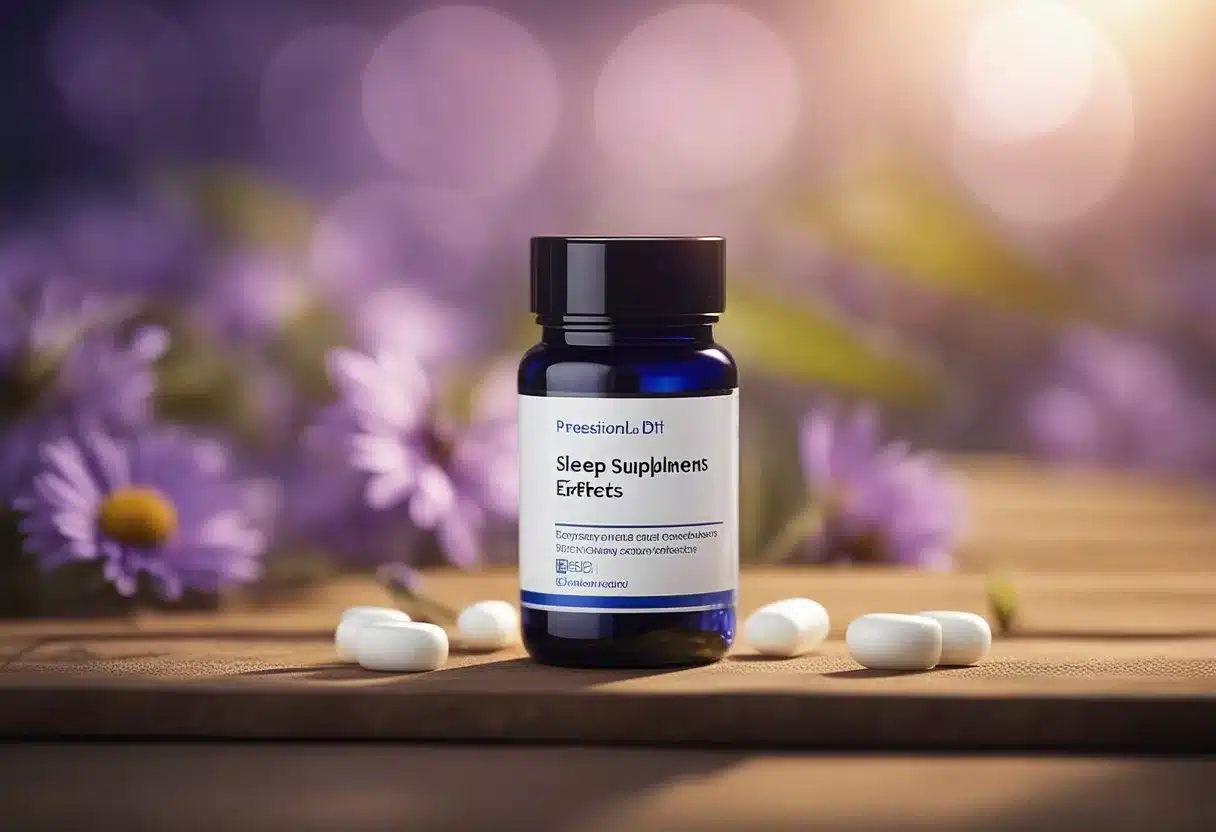 A bottle of sleep supplements with a label highlighting safety and side effects. A peaceful, dreamy background suggests better sleep