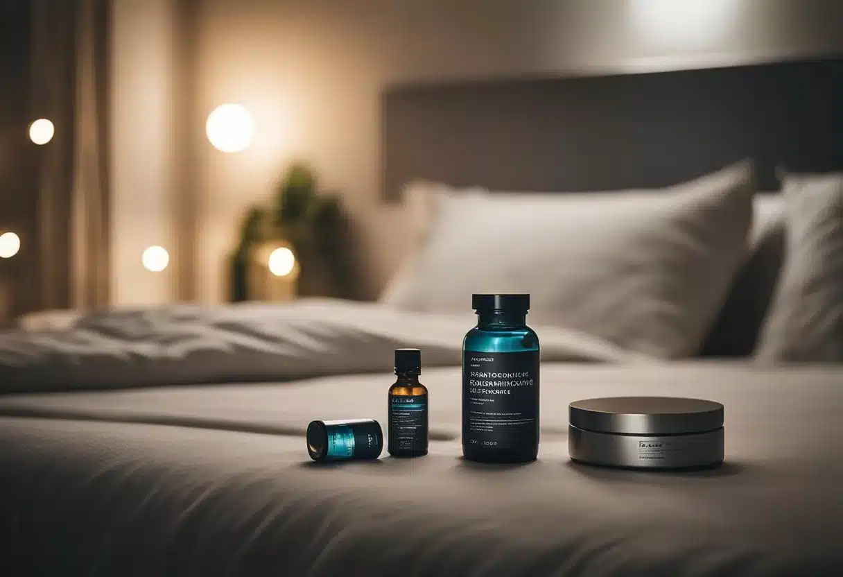 A serene bedroom with a moonlit window, a cozy bed, and a nightstand with various sleep supplements bottles on it