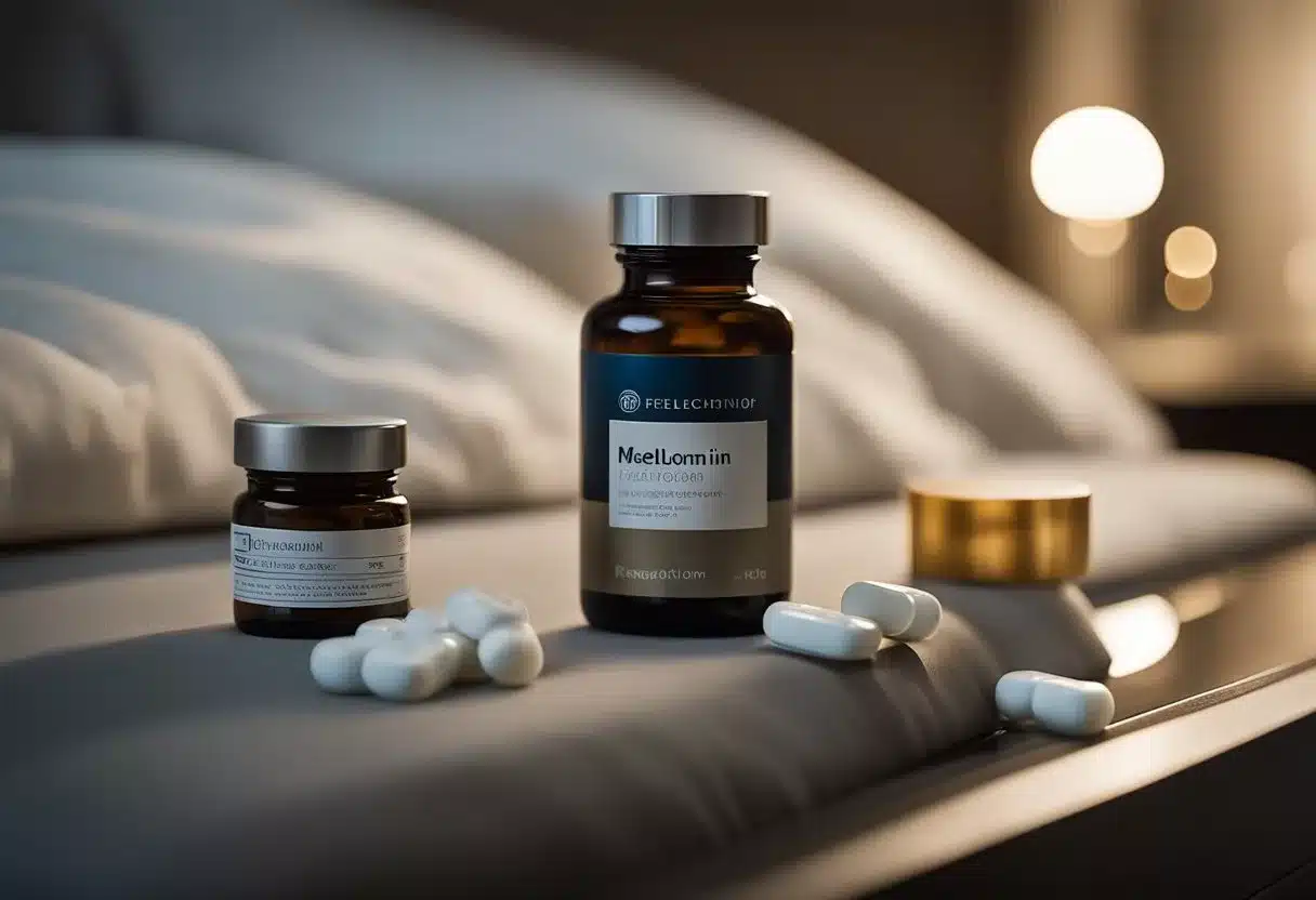 A serene bedroom with a cozy bed, dim lighting, and a nightstand holding bottles of melatonin and magnesium supplements. A peaceful atmosphere conducive to rest and relaxation