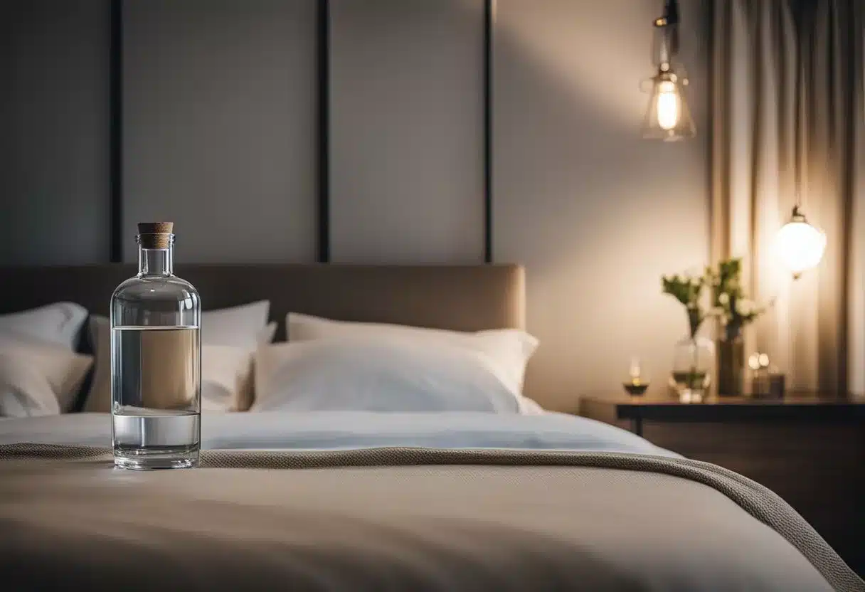 A cozy bedroom with a warm, inviting atmosphere. A bedside table with a bottle of sleep supplements and a glass of water. A comfortable bed with soft, luxurious bedding