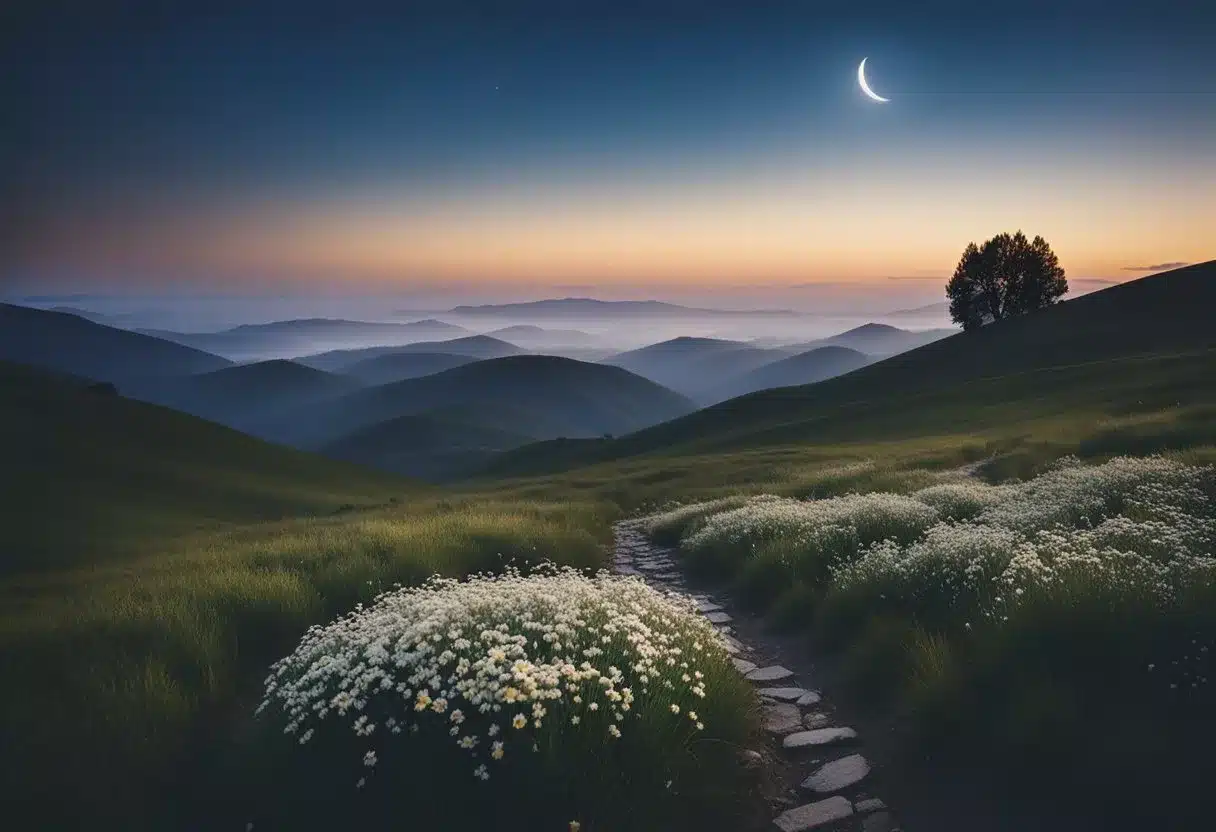 A serene night sky with a crescent moon shining over a tranquil landscape of rolling hills and a peaceful stream. Surrounding the scene are various natural sleep aid supplements like chamomile, lavender, and valerian