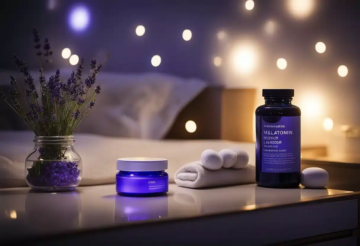 A serene bedroom with a moonlit window, a cozy bed, and a nightstand with various supplements labeled "Melatonin," "Valerian Root," and "Lavender Oil."