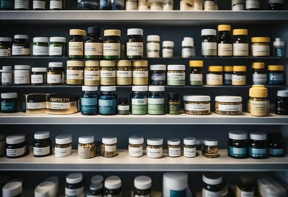 Various sleep aids displayed on a shelf, including herbal supplements and melatonin, with labels indicating their benefits for specific populations