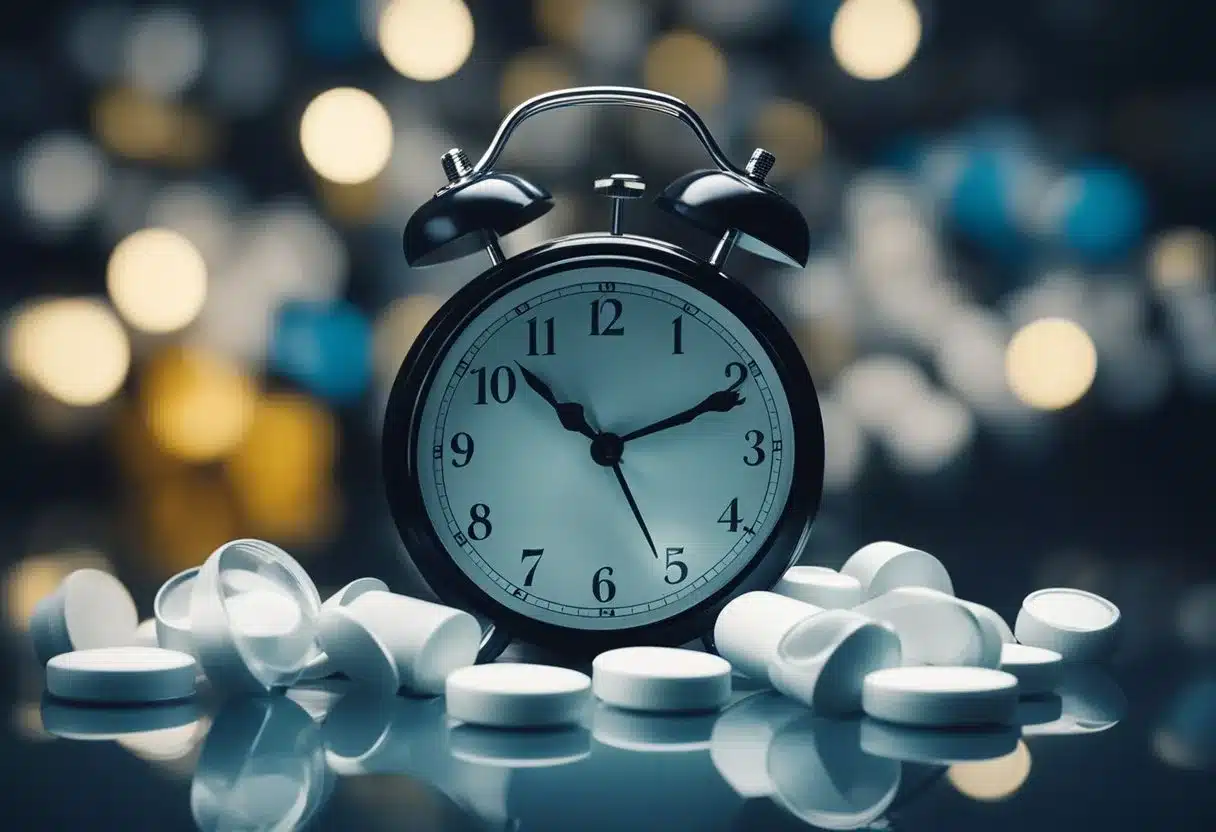 A pile of prescription pill bottles and a clock showing midnight, surrounded by tossing and turning bed sheets