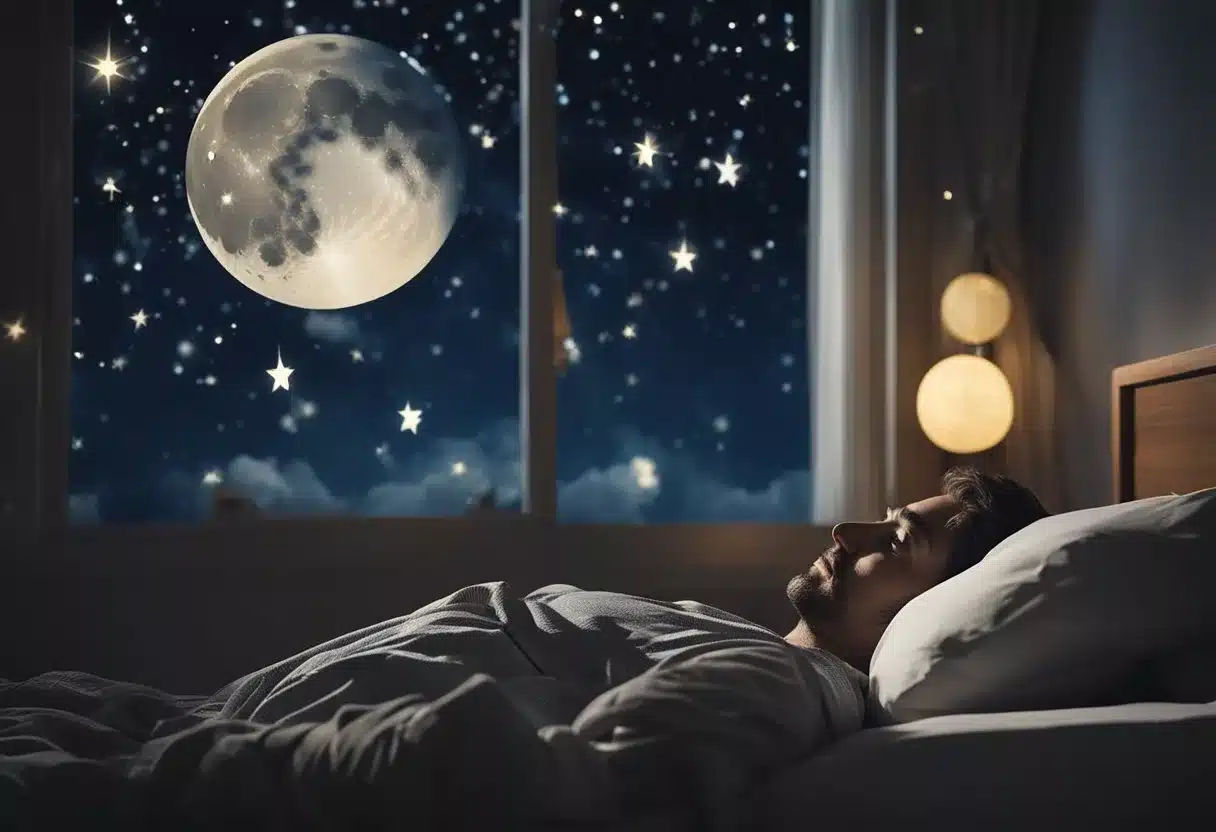 A person lying awake in bed, surrounded by swirling thoughts and worries. A clock on the wall shows the passing hours, while outside the window, the moon shines brightly in the night sky