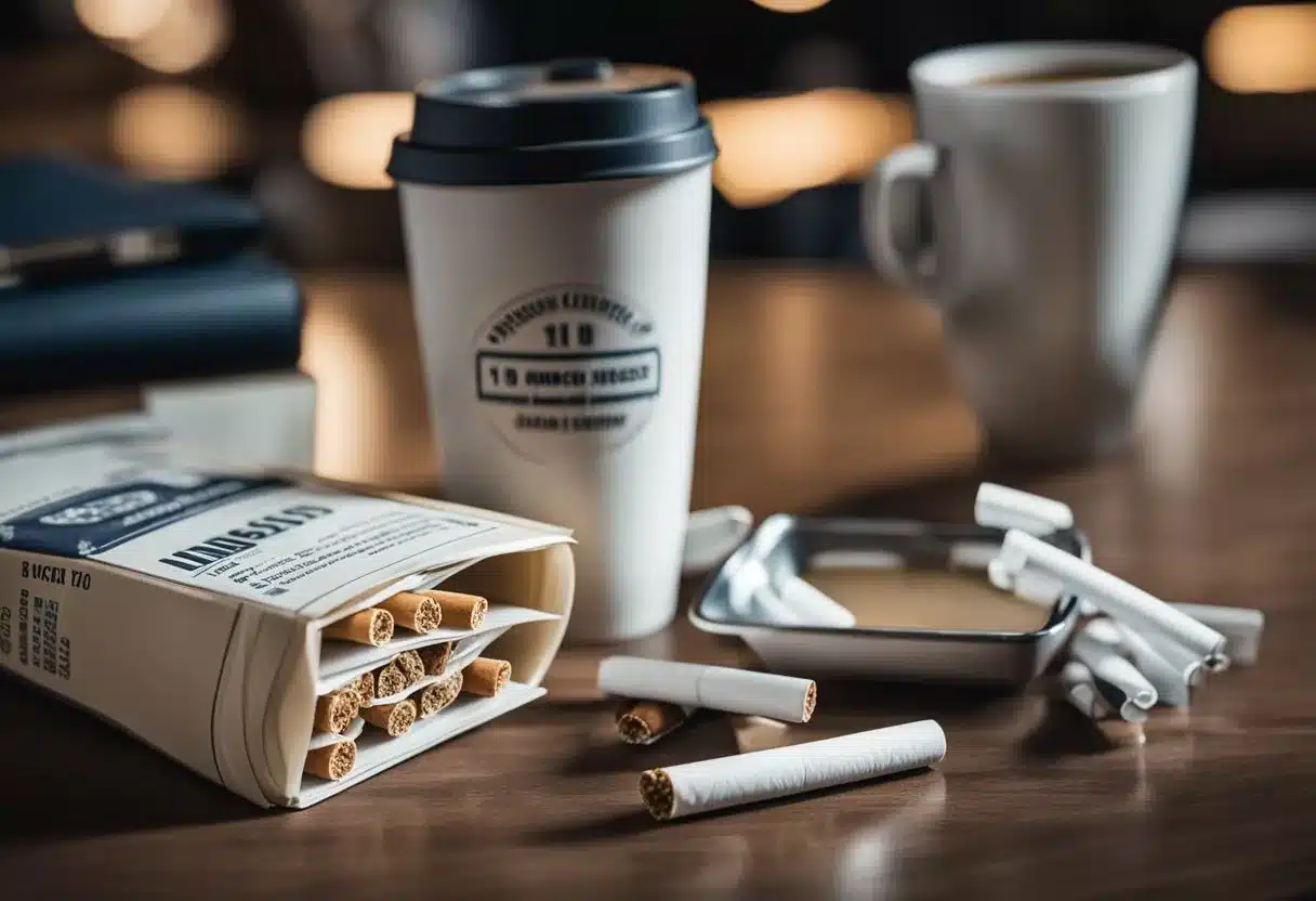 A coffee cup and a pack of cigarettes on a table, with a list of "10 most common causes of insomnia" next to them