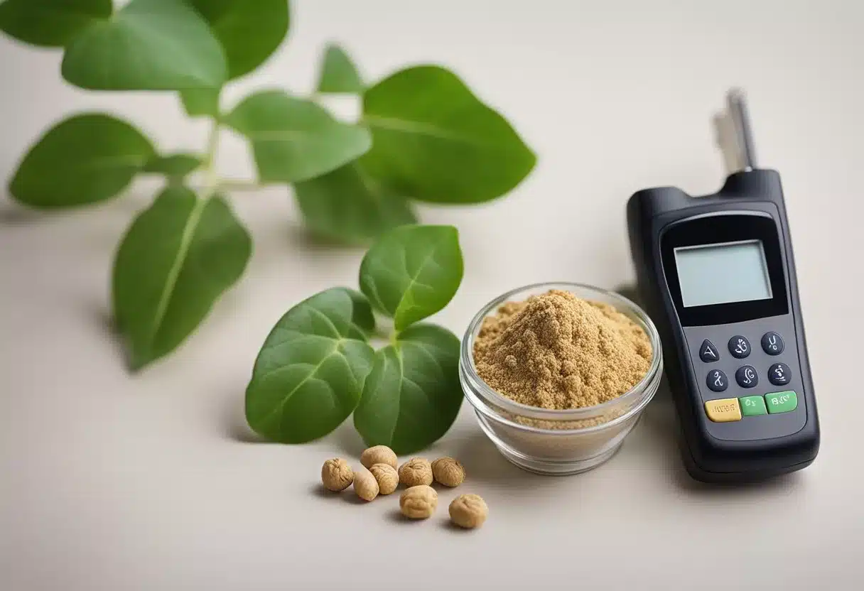 Maca root plant with diabetes-related symbols like blood glucose meter and insulin pen nearby